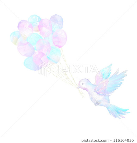 Icon of a flapping bird holding a bunch of festive balloons. Watercolor illustration. 116104030