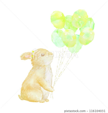 拿著一堆黃色氣球的小兔子的圖示。水彩插圖。 拿著一堆黃色氣球的小兔子的圖示。水彩插圖。 116104031