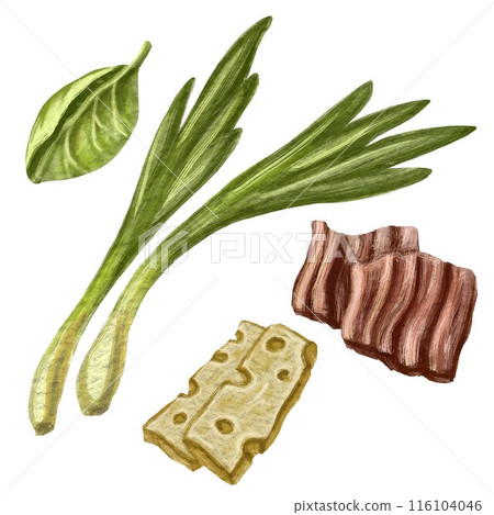 Green onions, slices of cheese, crispy bacon, and fresh basil leaves. Perfect for grocery stores, recipe developers, product or menu logo, restaurants, farmers markets, healthy eating content makers. 116104046