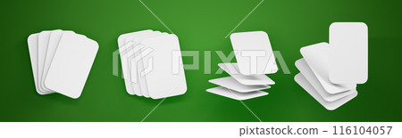 3d blank playing cards mockup for poker, blackjack, board games on green casino table background render. Isolated empty white paper deck cards, flying and falling stacks gambling set. 3D illustration 3d blank playing cards mockup for poker, blackjack, board games on green casino table background render. Isolated empty white paper deck cards, flying and falling stacks gambling set. 3D illustration 116104057