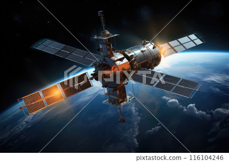 Satellite orbiting over Earth in space 116104246