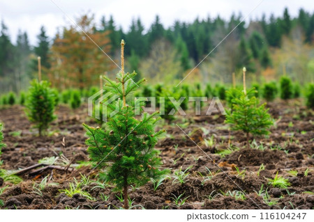 Spruce trees nursery or plantation, growing a young forest. 116104247