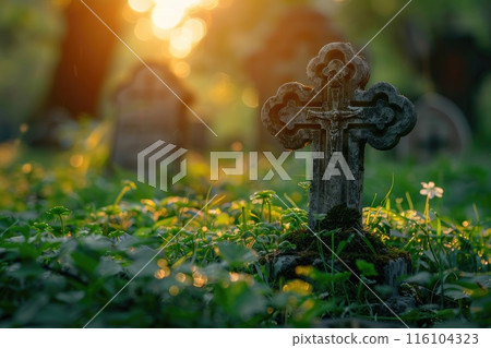Catholic cemetery with a cross by the grave. Funeral concept. Catholic cemetery with a cross by the grave. Funeral concept. 116104323