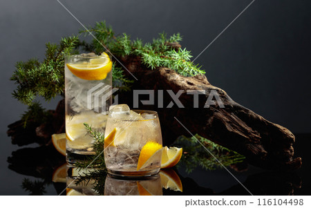 Cocktail gin-tonic with ice and lemon on a black reflective background. 116104498