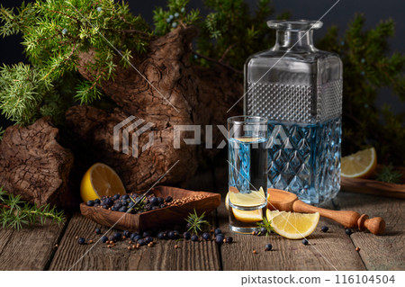 Gin with ingredients on an old wooden table. 116104504