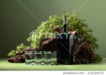 Gin in vintage bottle on a background of old snags and juniper branches. 116104510