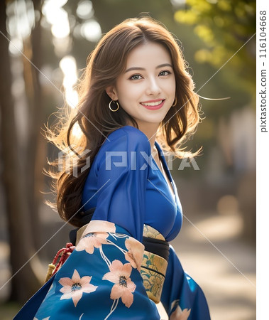 古老的林蔭路上,一位身穿節慶和服、藍眼睛的西方女子回頭望去。 古老的林蔭路上,一位身穿節慶和服、藍眼睛的西方女子回頭望去。 116104668