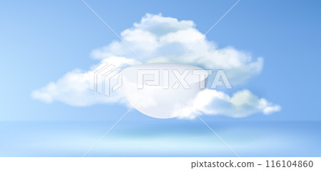 Product podium flying in blue sky with clouds. Product podium flying in blue sky with clouds. 116104860