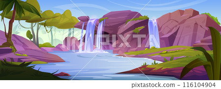 Jungle landscape with mountains and waterfall. 116104904