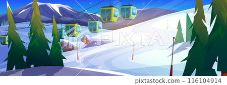 Winter ski resort with cable cars in mountains 116104914