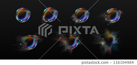 Iridescent soap bubble burst sequence steps Iridescent soap bubble burst sequence steps 116104984