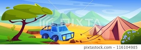 Desert camp with auto and tent 116104985