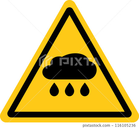 Heavy rain warning icon. Torrential rain hazard sign. Intense rainfall warning. Yellow triangle atorm alert symbol. flat style. 116105236