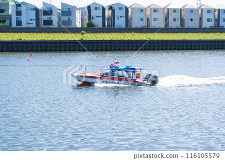 Kanagawa Prefectural Police patrol boat patrolling the river toward the river mouth Kanagawa Prefectural Police patrol boat patrolling the river toward the river mouth 116105579