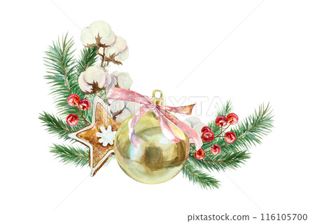 Golden ball, Christmas tree toy, fir branches, cotton sprig, berries, ginger cookies. Hand drawn watercolor illustration isolated on white. For New Year cards, invitations, labels, banners, posters. 116105700