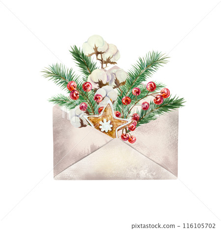 Christmas envelope, fir branches, cotton sprig, berries, ginger cookies. Hand drawn watercolor illustration isolated on white background. For New Year cards, invitations, posters, banners, covers. 116105702