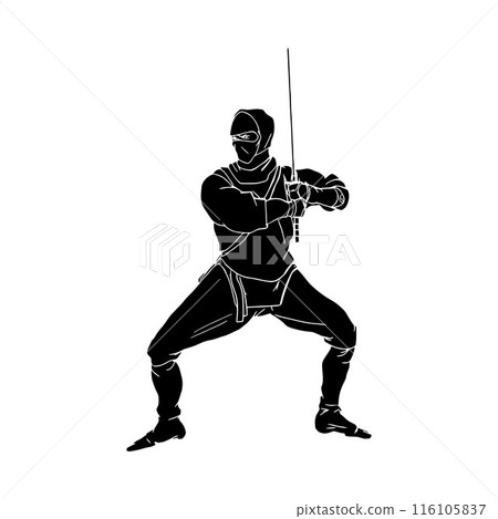 Ninjutsu fighter. Ninja, Japanese wrestler. Japan martial art. Asian warrior in mask, wrestling pose, stance, defending position, posture. vector illustration isolated on white background Ninjutsu fighter. Ninja, Japanese wrestler. Japan martial art. Asian warrior in mask, wrestling pose, stance, defending position, posture. vector illustration isolated on white background 116105837