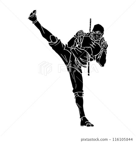 Ninjutsu fighter. Ninja, Japanese wrestler. Japan martial art. Asian warrior in mask, wrestling pose, stance, defending position, posture. vector illustration isolated on white background Ninjutsu fighter. Ninja, Japanese wrestler. Japan martial art. Asian warrior in mask, wrestling pose, stance, defending position, posture. vector illustration isolated on white background 116105844