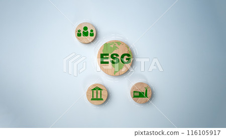 ESG concepts for sustainable environment, society and governance Businesses are environmentally responsible, A circular wooden board with the abbreviation ESG printed on a light white background. ESG concepts for sustainable environment, society and governance Businesses are environmentally responsible, A circular wooden board with the abbreviation ESG printed on a light white background. 116105917