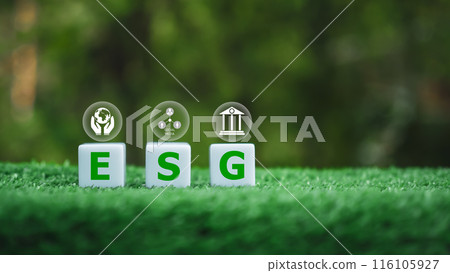 A group of three white cubes with the letters ESG written on them, The cubes are placed on a green grassy field, creating a sense of harmony and balance, The ESG letters are surrounded by smaller. 116105927