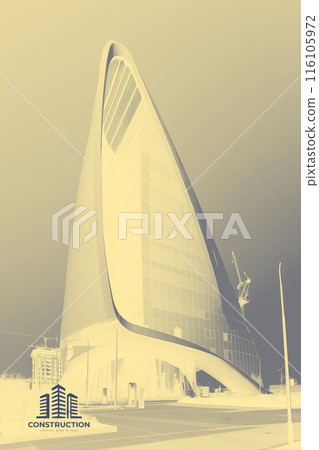Construction of a building with a crane in the background, silhouette photo. High light key. Logo on background Construction of a building with a crane in the background, silhouette photo. High light key. Logo on background 116105972