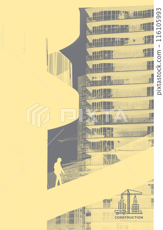Construction of a building with a crane in the background, silhouette photo. High light key. Logo on background 116105993