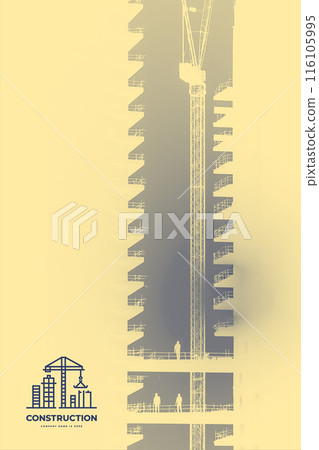Construction of a building with a crane in the background, silhouette photo. High light key. Logo on background Construction of a building with a crane in the background, silhouette photo. High light key. Logo on background 116105995