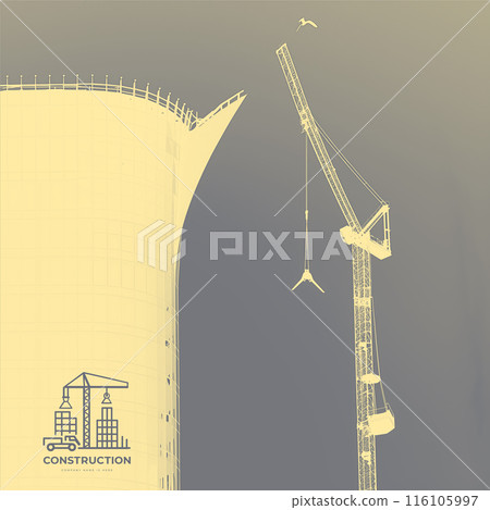 Construction of a building with a crane in the background, silhouette photo. High light key. Logo on background 116105997