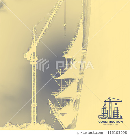 Construction of a building with a crane in the background, silhouette photo. High light key. Logo on background 116105998
