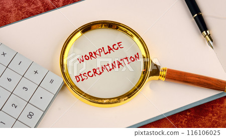 WORKPLACE DISCRIMINATION word concept through a magnifying glass in red provocative letters WORKPLACE DISCRIMINATION word concept through a magnifying glass in red provocative letters 116106025