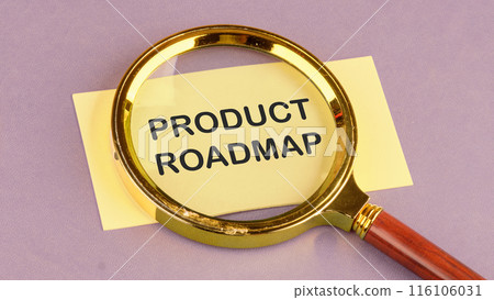 Text concept on card. Product Roadmap through a magnifying glass on a yellow leaf, a conceptual photo Text concept on card. Product Roadmap through a magnifying glass on a yellow leaf, a conceptual photo 116106031