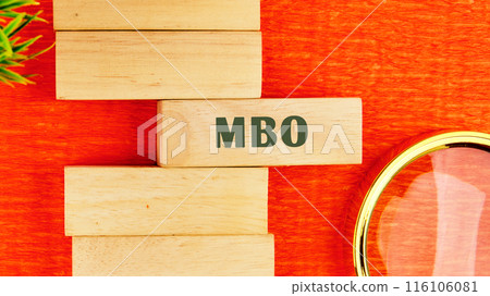 The letters MBO It is an abbreviation for Management by Objectives. MBO on wooden blocks, top view. Concept photo 116106081