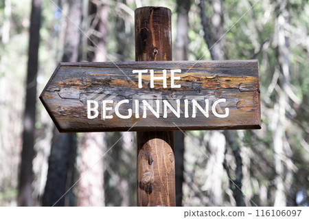 Conceptual the beginning symbol. Copy space. The beginning words written on a wooden signpost against a forest background 116106097
