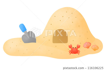 Illustration of a mountain made of sand with a shovel, crab and shells 116106225