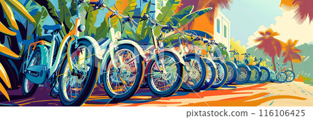 A fleet of electric bicycles is shared by the community, offering a convenient, sustainable, and healthy way to commute. This green initiative enhances urban mobility and environmental consciousness, 116106425