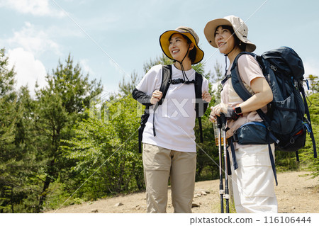 Parents and children enjoying hiking 116106444