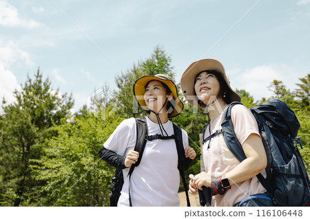 Parents and children enjoying hiking 116106448