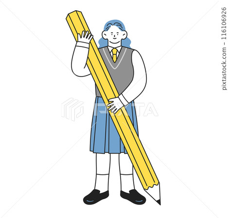 A female student in uniform holding a large pencil A female student in uniform holding a large pencil 116106926