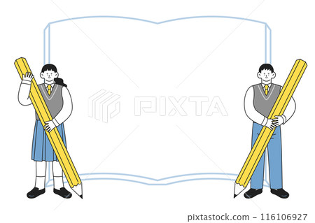 Male and female students in uniforms holding large pencils in their hands, with a frame background of books Male and female students in uniforms holding large pencils in their hands, with a frame background of books 116106927