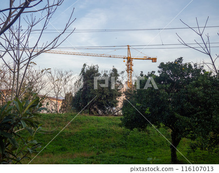 Construction crane over an unfinished house. Stopped building. Concrete walls of the house. Construction crane over an unfinished house. Stopped building. Concrete walls of the house. 116107013