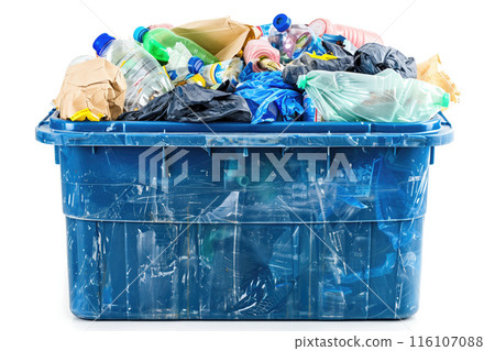 Assorted waste in an overfilled blue plastic bin, isolated on white background. Useful for environmental awareness and public sanitation education. 116107088