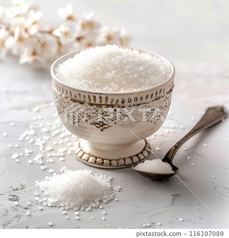 Antique-style bowl filled with sugar crystals. Useful for vintage kitchen decor and food ingredient advertisements. 116107089