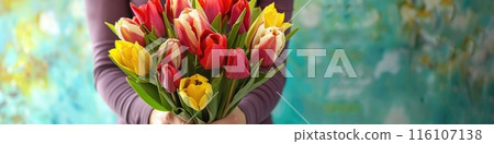 A woman tender grasp cradles a vivid array of tulips A woman tender grasp cradles a vivid array of tulips 116107138