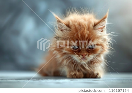 A grumpy ginger kitten seems to squint at the world 116107154