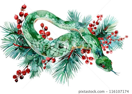 Enchanted Holiday Snake Entwined in Festive Greenery 116107174