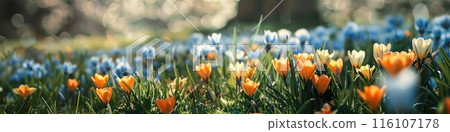 Golden Crocuses Blooming in Vibrant Spring Garden Scene 116107178