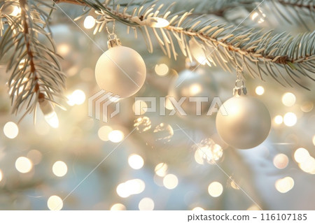 Festive White Christmas Ornaments and Pine Branches with Snow Festive White Christmas Ornaments and Pine Branches with Snow 116107185