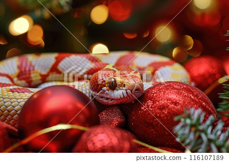 Vibrant Color Snake Coiled Among Festive Red Berries 116107189