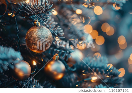 Festive Christmas Ornaments in Snowy Winter Setting with Bokeh Lights 116107191