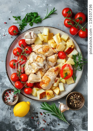 A freshly prepared grilled chicken salad with a colorful mix of greens A freshly prepared grilled chicken salad with a colorful mix of greens 116107196
